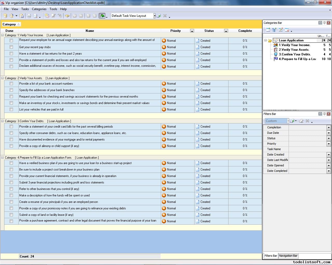 Loan application checklist status