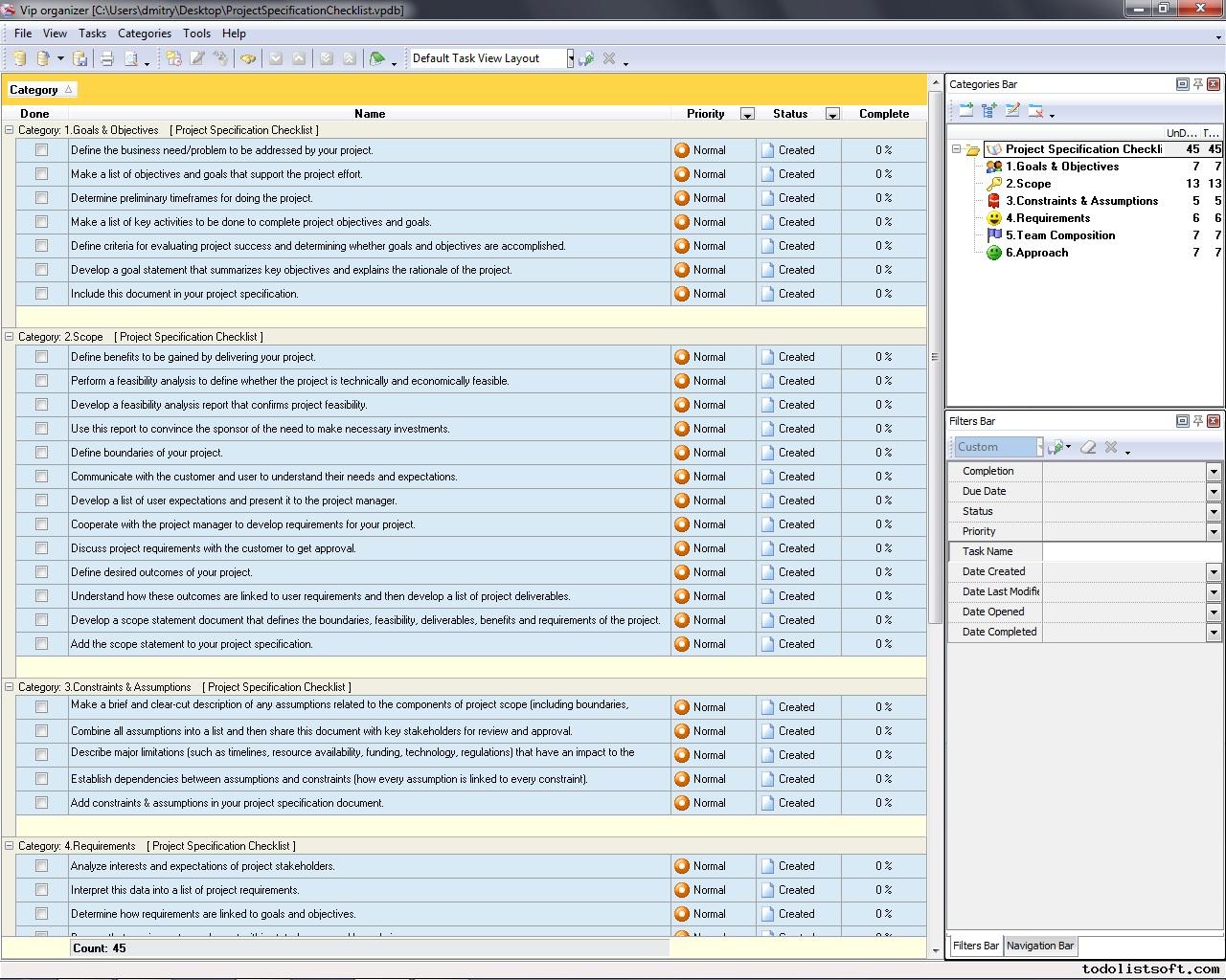 Project Specification Checklist - To Do List, Organizer, Checklist, PIM