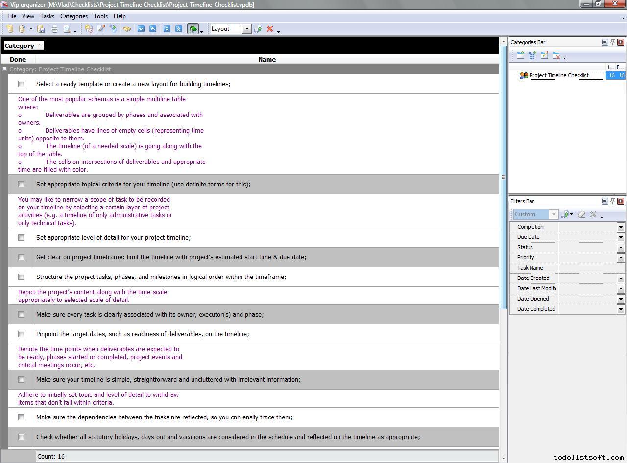 Checklist Timeline Template Project Timeline Checklist - To Do List, Organizer, Checklist, PIM, Time and Task Management software for better personal and business productivity